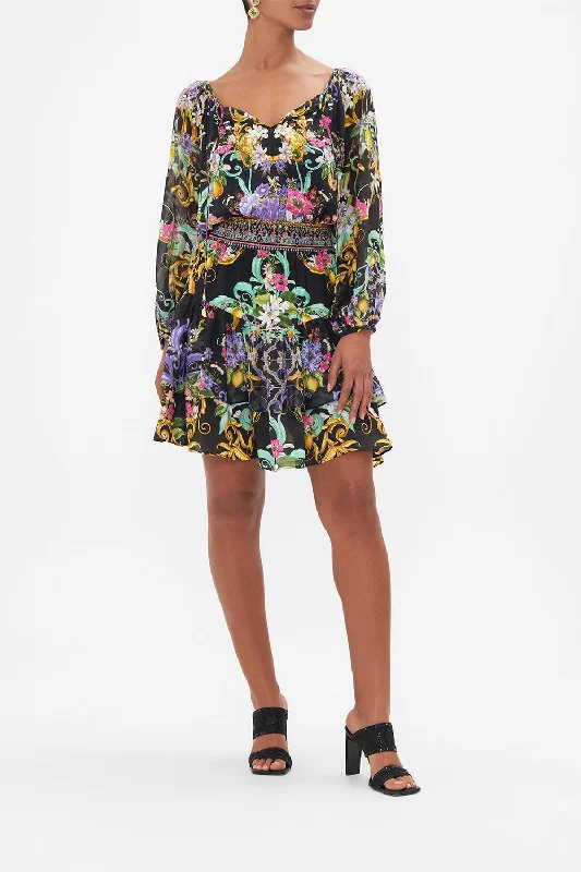 BLOUSON SLEEVE DRESS WITH DOUBLE RUFFLE HEM MEET ME IN MARCHESA