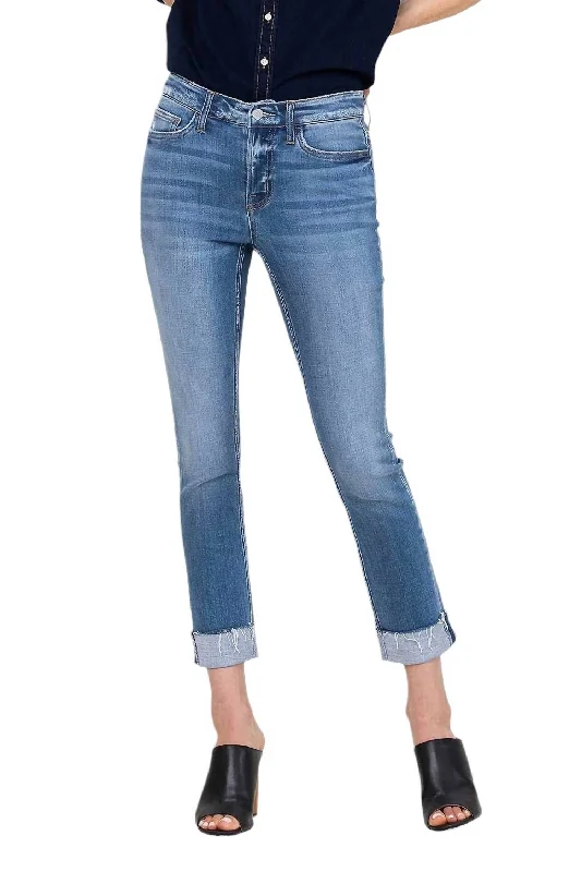 Mid Rise Cuffed Straight Jeans In Medium Wash