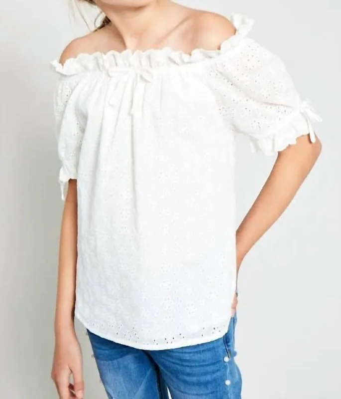 Girl Eyelet Off-Shoulder Ruffle Trim Top In White