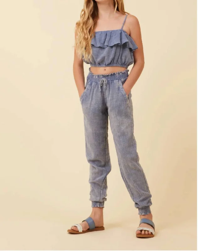 Girl Washed Texture Ruffle Tube Top In Blue