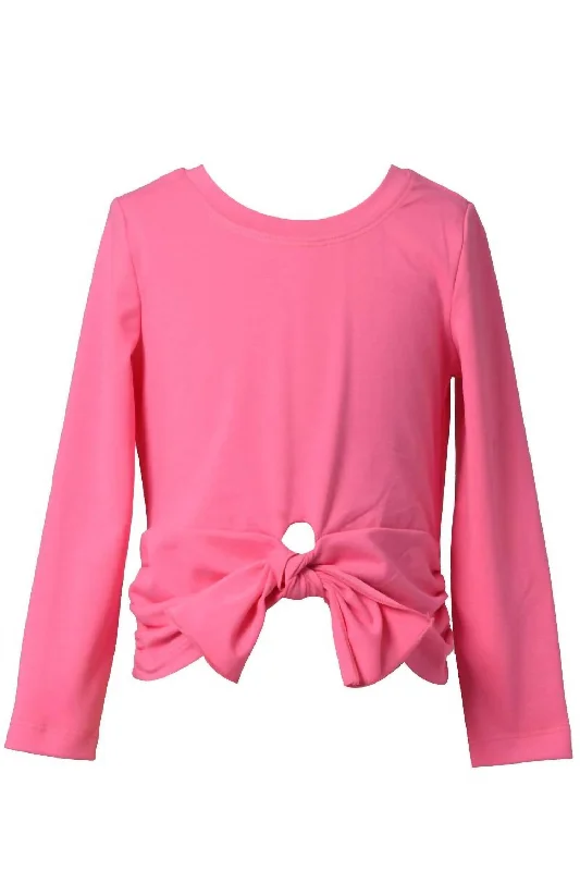 Girls Long Sleeve Solid Tie-Front Top In Pink