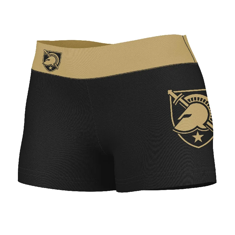 Army West Point Cadets Logo on Thigh and Waistband Black and Gold Womens Yoga Booty Workout Shorts by Vive La Fete