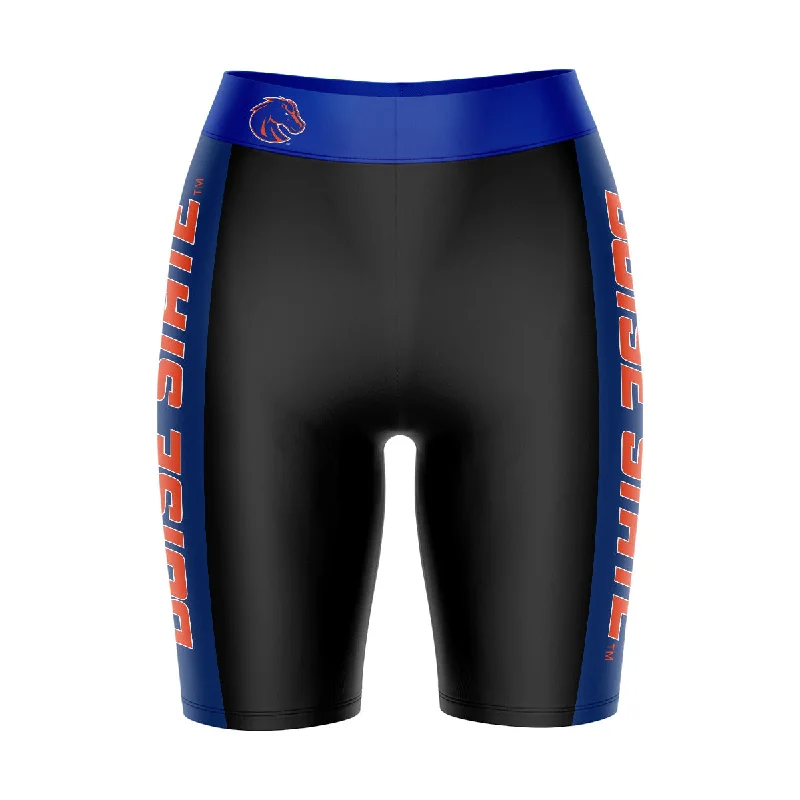 Boise State University Broncos Game Day Logo on Waistband and Blue Stripes Black Womens Bike Shorts by Vive La Fete