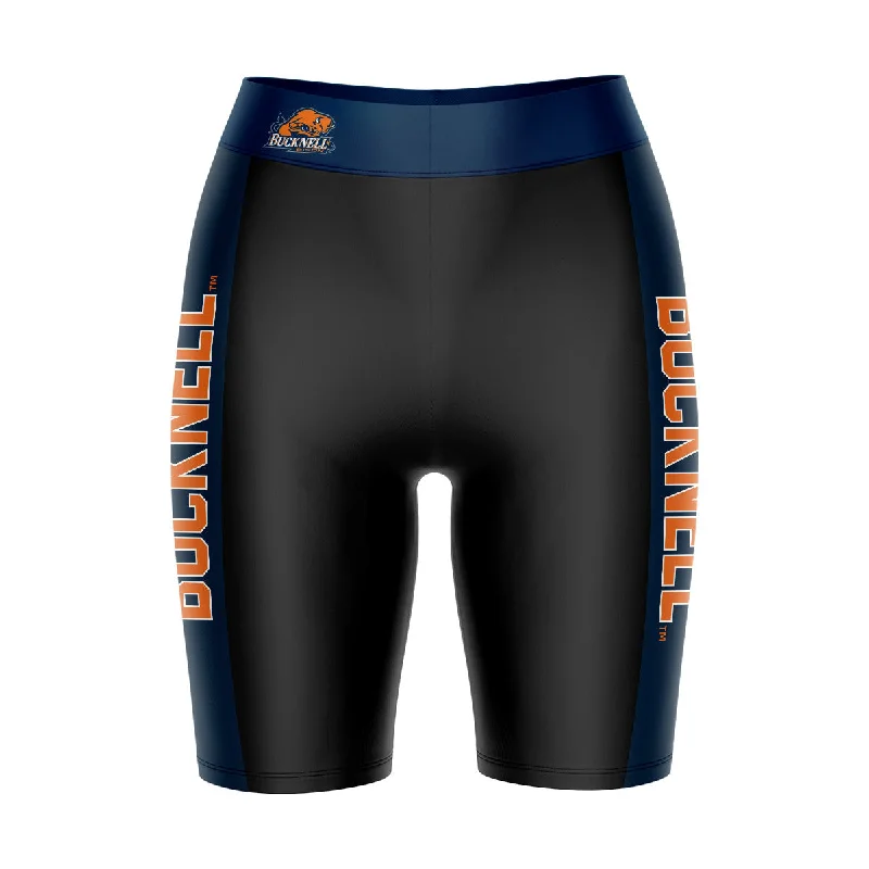 Bucknell University Bison Game Day Logo on Waistband and Navy Stripes Black Womens Bike Shorts by Vive La Fete