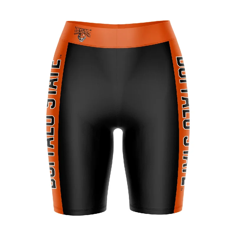 Buffalo State Bengals Game Day Logo on Waistband and Orange Stripes Black Womens Bike Shorts by Vive La Fete