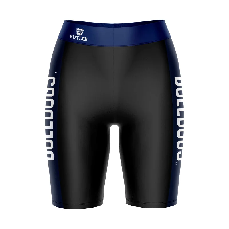 Butler Bulldogs Game Day Logo on Waistband and Navy Stripes Black Womens Bike Shorts by Vive La Fete