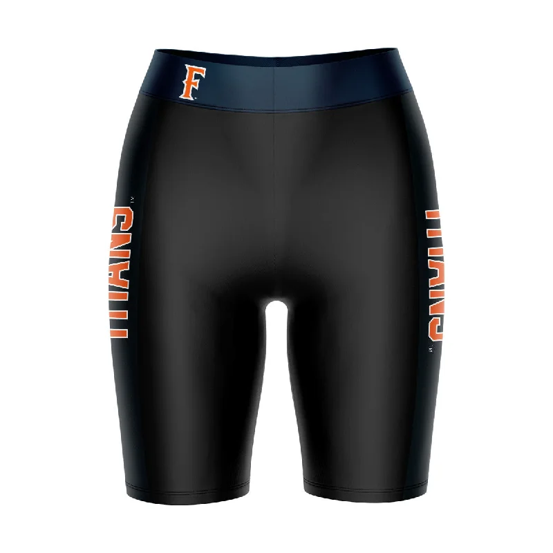 Cal State Fullerton Titans CSUF Game Day Logo on Waistband & Navy Stripes Black Womens Bike Shorts by Vive La Fete