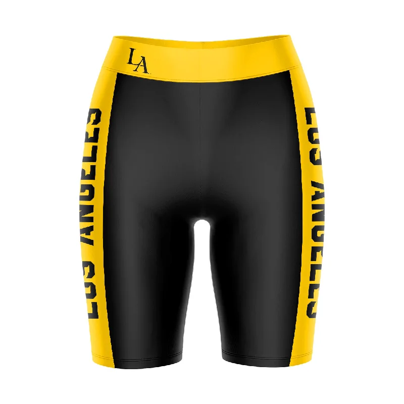 Cal State LA Golden Eagles Game Day Logo on Waistband and Gold Stripes Black Womens Bike Shorts by Vive La Fete