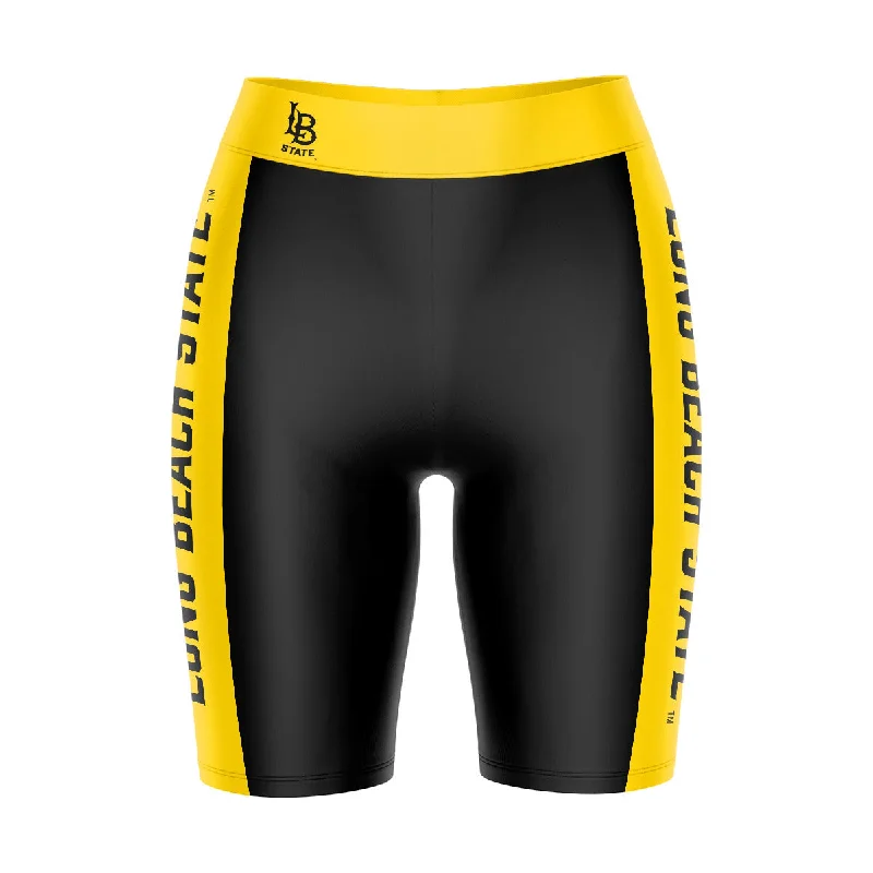 Cal State Long Beach 49ers Game Day Logo on Waistband and Gold Stripes Black Womens Bike Shorts by Vive La Fete