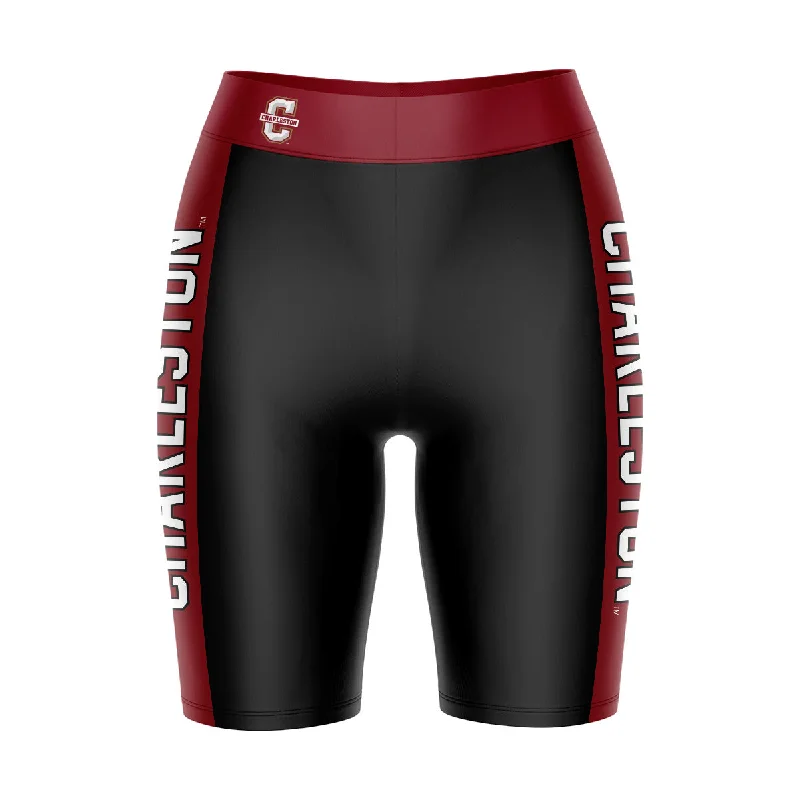 Charleston Cougars COC Game Day Logo on Waistband and Maroon Stripes Black Womens Bike Shorts by Vive La Fete