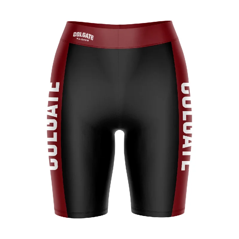 Colgate University Raiders Game Day Logo on Waistband and Maroon Stripes Black Womens Bike Shorts by Vive La Fete