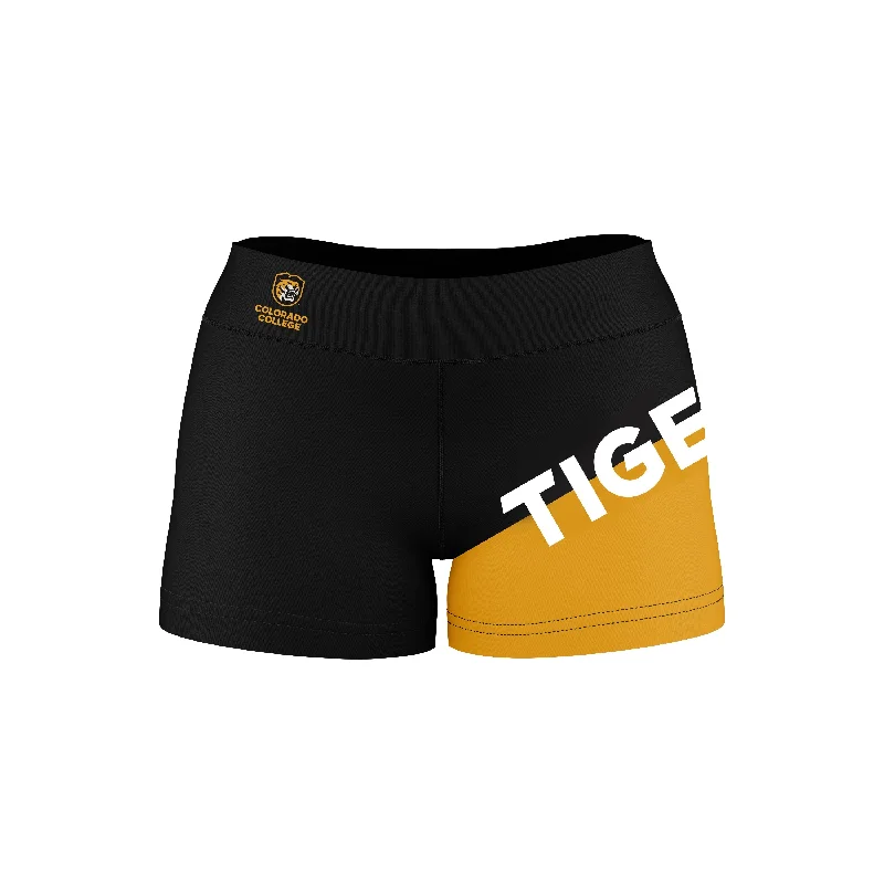 Colorado College Tigers Game Day Collegiate Leg Color Block Black Gold Optimum Womens Yoga Shorts by Vive La Fete