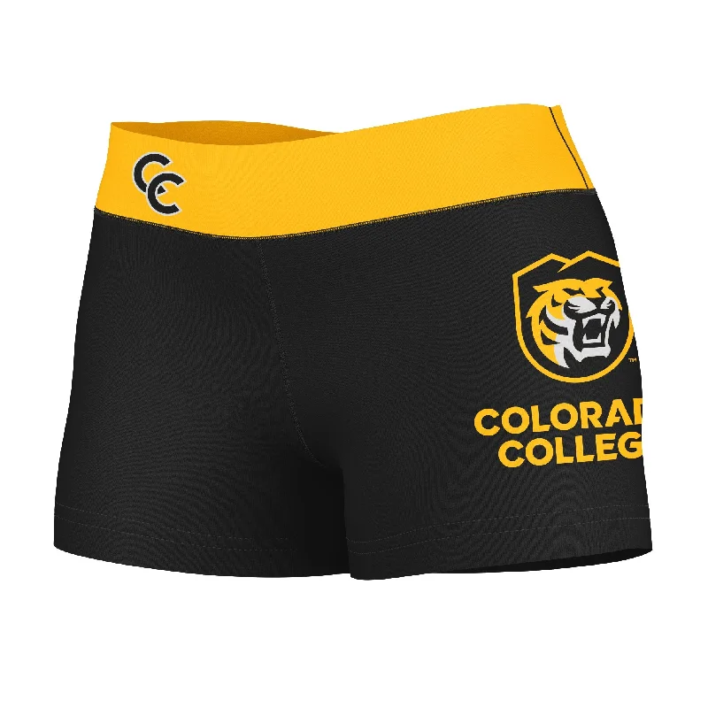 Colorado College Tigers Logo on Thigh and Waistband Black & Gold Womens Yoga Booty Workout Shorts by Vive La Fete