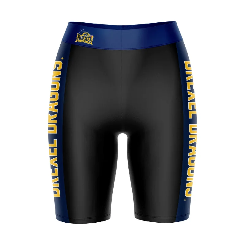 Drexel Dragon Game Day Logo on Waistband and Blue Stripes Black Womens Bike Shorts by Vive La Fete