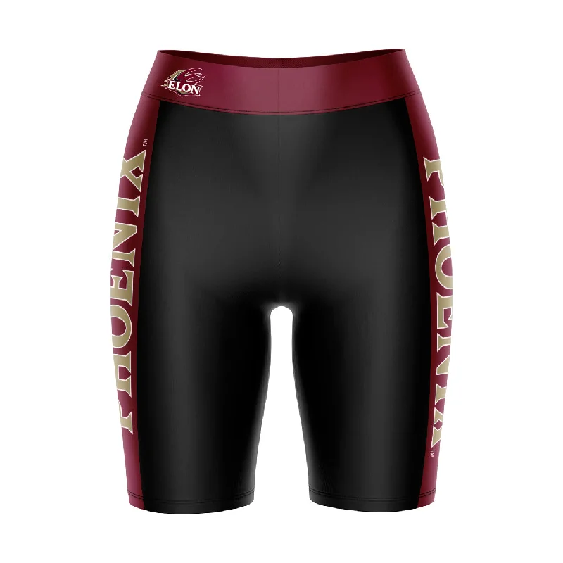 Elon University Phoenix Game Day Logo on Waistband and Maroon Stripes Black Womens Bike Shorts by Vive La Fete