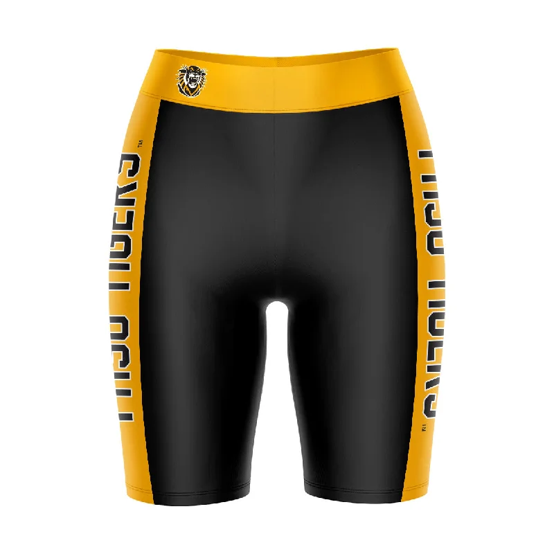 FHSU Tigers Game Day Logo on Waistband and Gold Stripes Black Womens Bike Shorts by Vive La Fete