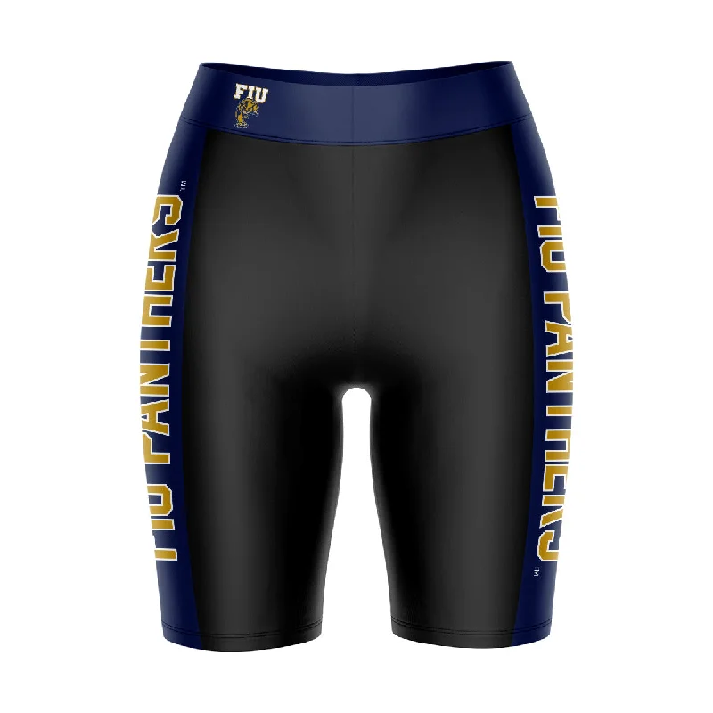 FIU Panthers Game Day Logo on Waistband and Navy Stripes Black Womens Bike Shorts by Vive La Fete