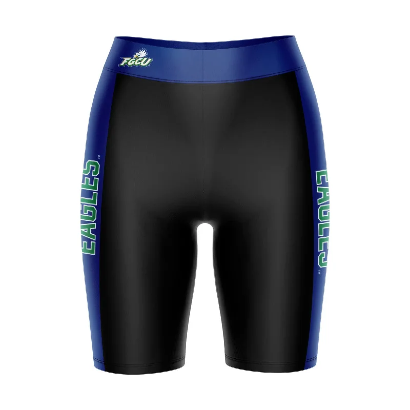 Florida Gulf Coast Eagles Game Day Logo on Waistband and Blue Stripes Black Womens Bike Shorts by Vive La Fete