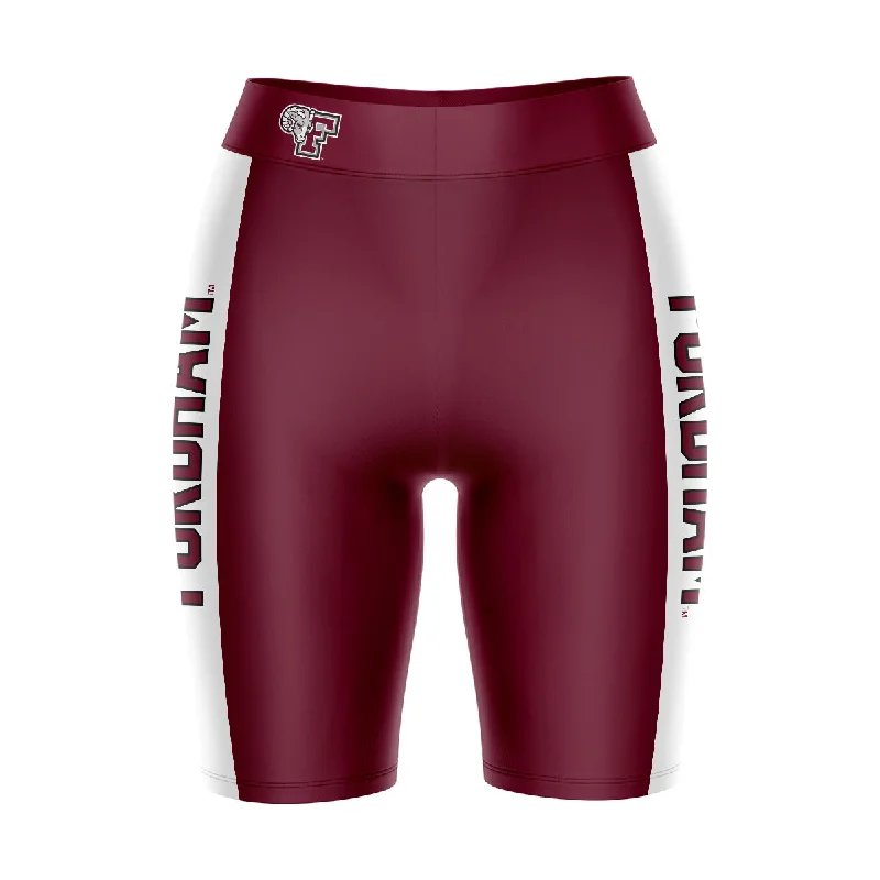 Fordham Rams Game Day Logo on Waistband and White Stripes Maroon Womens Bike Shorts by Vive La Fete