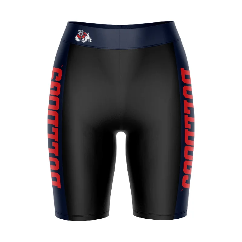 Fresno State Bulldogs Game Day Logo on Waistband and Navy Stripes Black Womens Bike Shorts by Vive La Fete