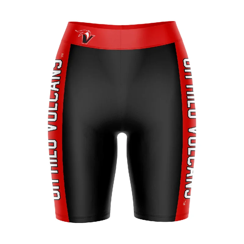 Hawaii Hilo Vulcans Game Day Logo on Waistband and Red Stripes Black Womens Bike Shorts by Vive La Fete