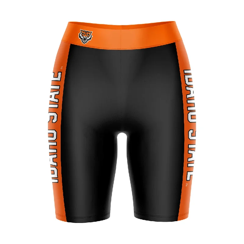 Idaho State Bengals ISU Game Day Logo on Waistband and Orange Stripes Black Womens Bike Shorts by Vive La Fete