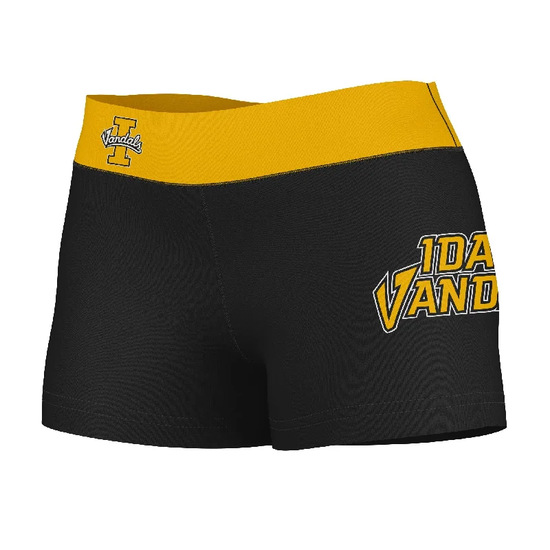 Idaho Vandals Game Day Logo on Thigh and Waistband Black & Gold Womens Yoga Booty Workout Shorts by Vive La Fete