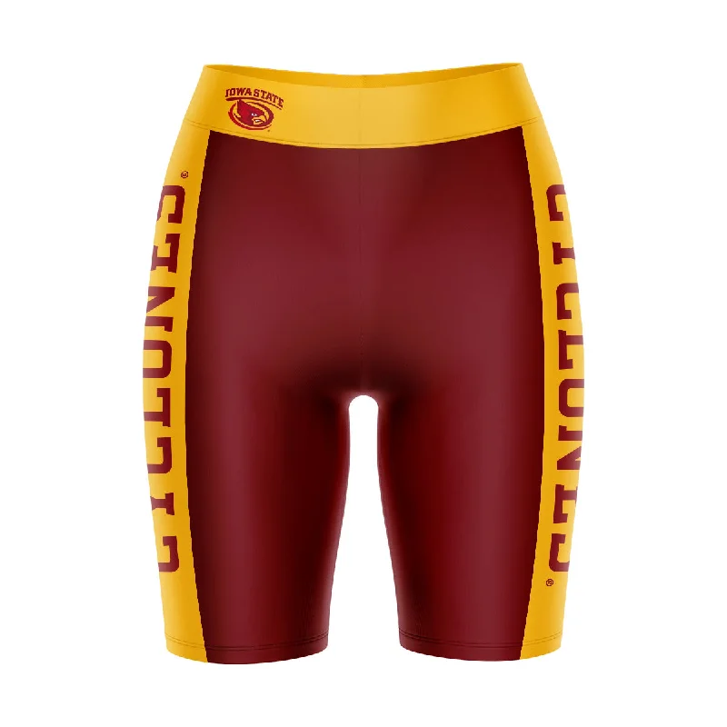 Iowa State Cyclones ISU Game Day Logo on Waistband and Gold Stripes Maroon Womens Bike Shorts by Vive La Fete