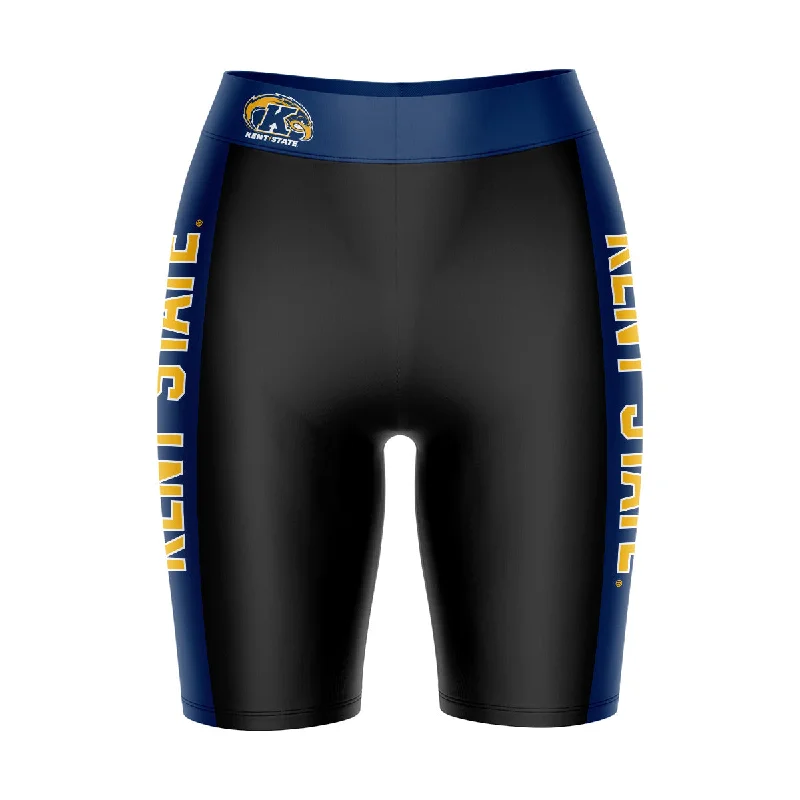 Kent State Golden Flashes Game Day Logo on Waistband and Blue Stripes Black Womens Bike Shorts by Vive La Fete