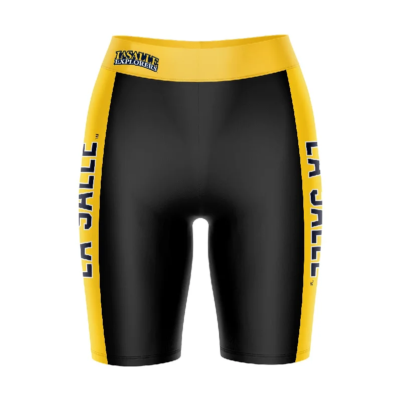 La Salle Explorers Game Day Logo on Waistband and Gold Stripes Black Womens Bike Shorts by Vive La Fete