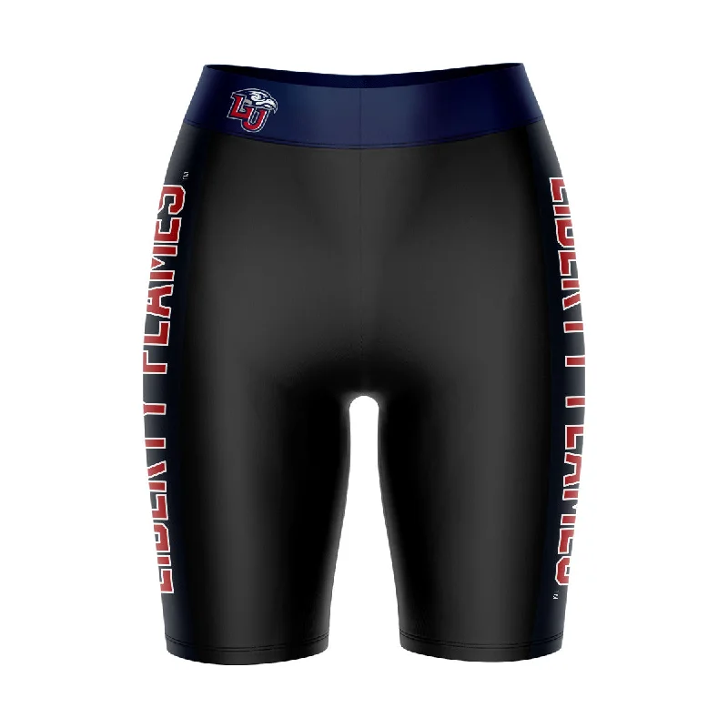 Liberty Flames Game Day Logo on Waistband and Navy Stripes Black Womens Bike Shorts by Vive La Fete