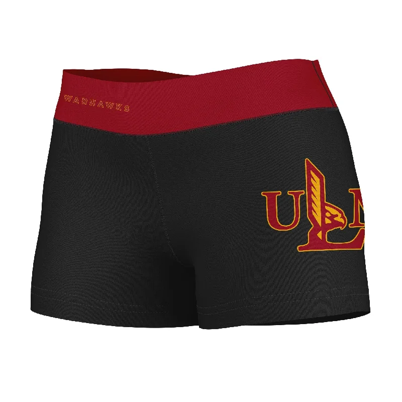 Louisiana Monroe Warhawks ULM Logo on Thigh and Waistband Black & Maroon Womens Yoga Booty Workout Shorts by Vive La Fete