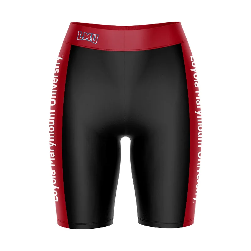 Loyola Marymount Lions Game Day Logo on Waistband and Red Stripes Black Womens Bike Shorts by Vive La Fete