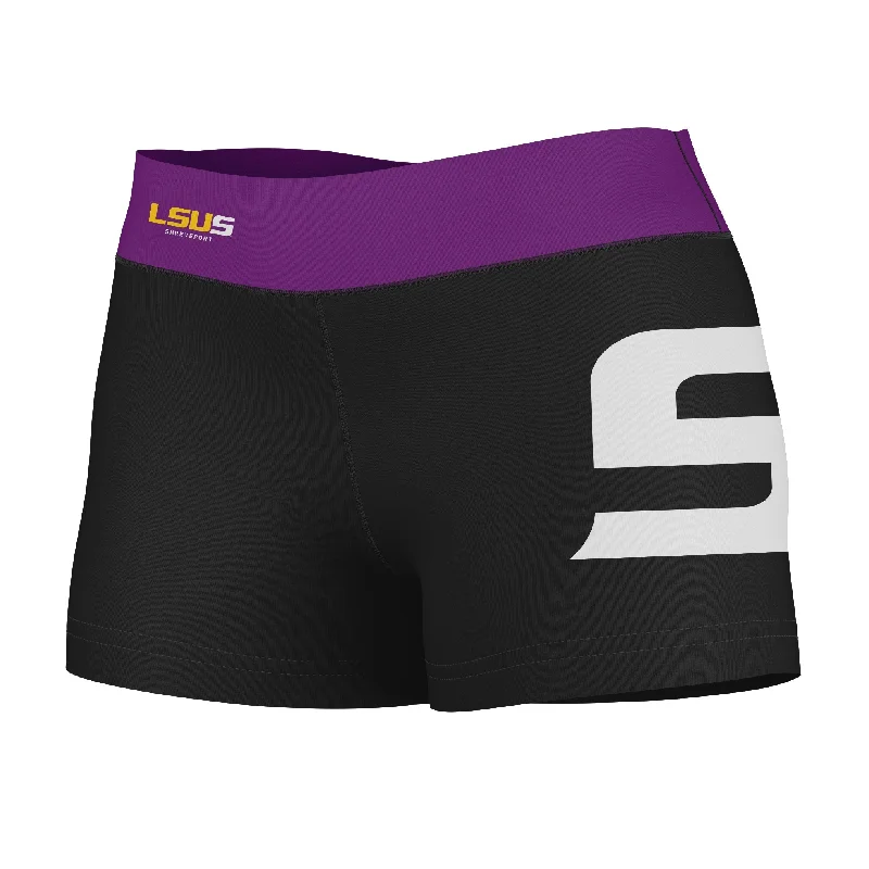 LSU Shreveport LSUS Pilots Logo on Thigh and Waistband Black & Purple Booty Workout Shorts by Vive La Fete