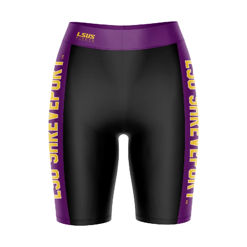 LSU Shreveport LSUS Pilots Game Day Logo on Waistband and Purple Stripes Black Womens Bike Shorts by Vive La Fete