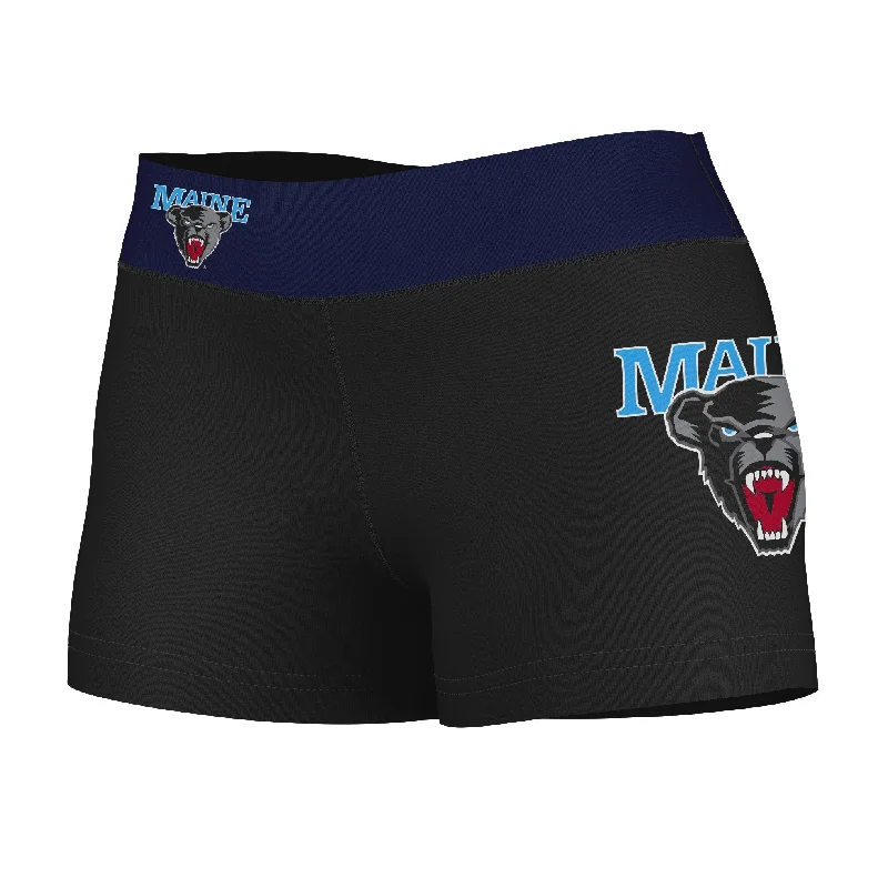 Maine Black Bears Logo on Thigh and Waistband Black & Navy Womens Yoga Booty Workout Shorts by Vive La Fete