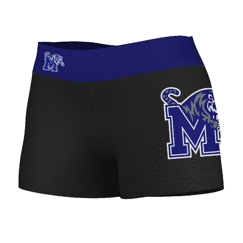 Memphis Tigers Game Day Logo on Thigh and Waistband Black & Blue Womens Yoga Booty Workout Shorts by Vive La Fete