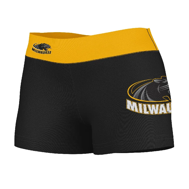 Milwaukee Panthers Logo on Thigh and Waistband Black & Gold Womens Yoga Booty Workout Shorts by Vive La Fete