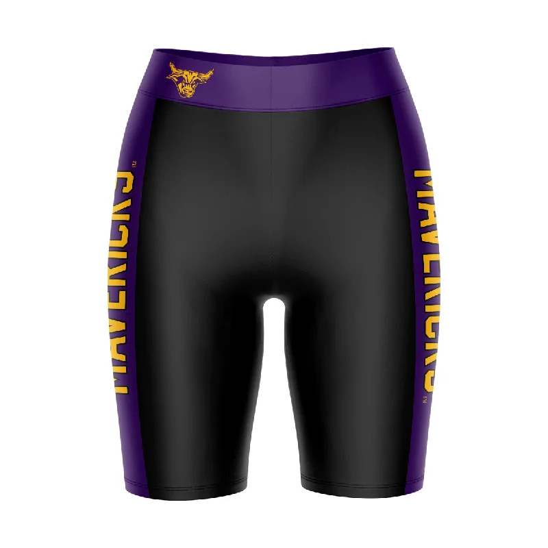 Minnesota State Mavericks Game Day Logo on Waistband and Purple Stripes Black Womens Bike Shorts by Vive La Fete