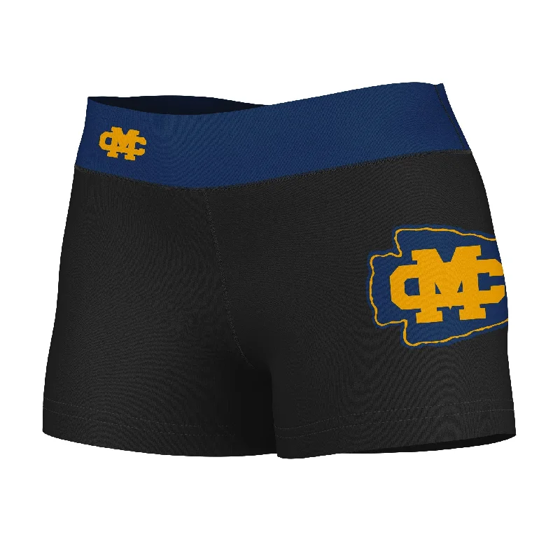 Mississippi College Choctaws Logo on Thigh and Waistband Black & Blue Womens Yoga Booty Workout Shorts by Vive La Fete