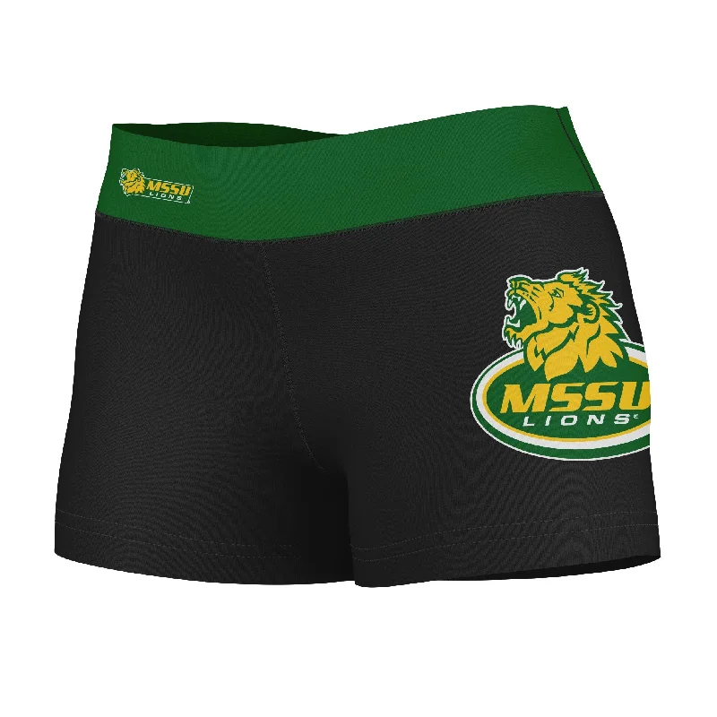 Missouri Southern Lions MSSU Logo on Thigh and Waistband Black & Green Womens Yoga Booty Workout Shorts by Vive La Fete