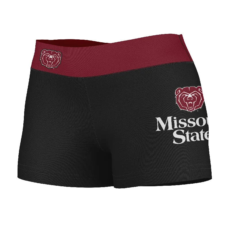 Missouri State Bears Logo on Thigh and Waistband Black & Maroon Womens Yoga Booty Workout Shorts by Vive La Fete