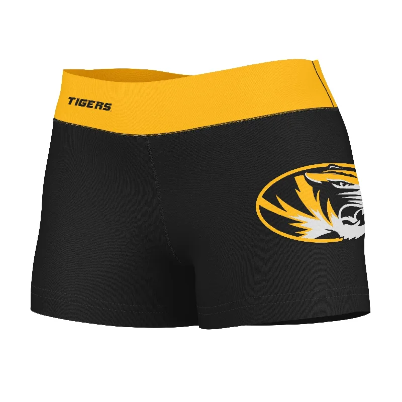 Mizzou Tigers Game Day Logo on Thigh and Waistband Black & Gold Womens Yoga Booty Workout Shorts by Vive La Fete