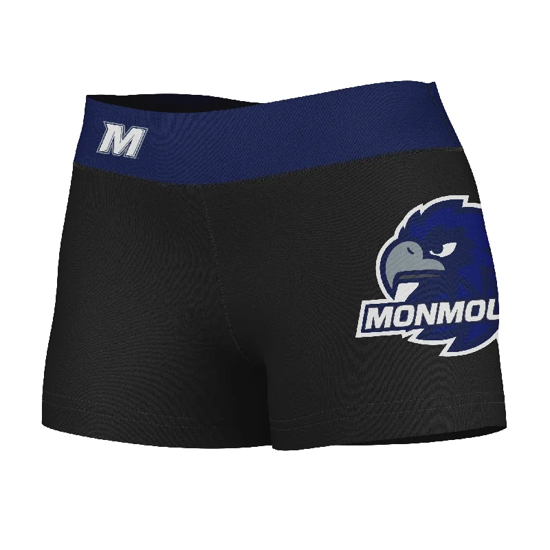 Monmouth Hawks Game Day Logo on Thigh and Waistband Black & Navy Booty Workout Shorts by Vive La Fete