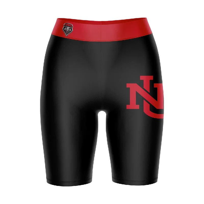 New Mexico Lobos Game Day Logo on Thigh and Waistband Black and Red Womens Bike Shorts by Vive La Fete