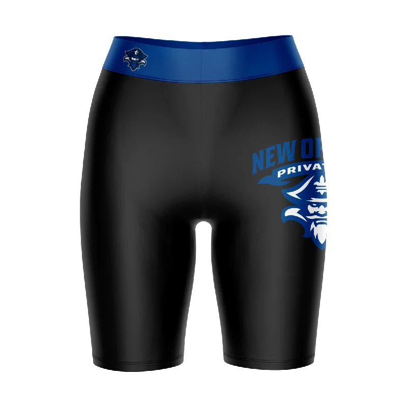 New Orleans Privateers UNO Game Day Logo on Thigh and Waistband Black and Blue Womens Bike Shorts by Vive La Fete