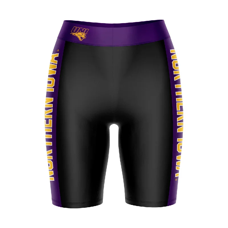 Northern Iowa Panthers Game Day Logo on Waistband and Purple Stripes Black Womens Bike Shorts by Vive La Fete