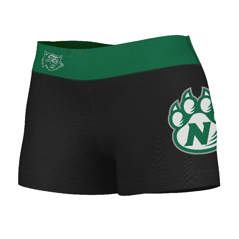 Northwest Missouri Bearcats Logo on Thigh and Waistband Black & Green Booty Workout Shorts by Vive La Fete