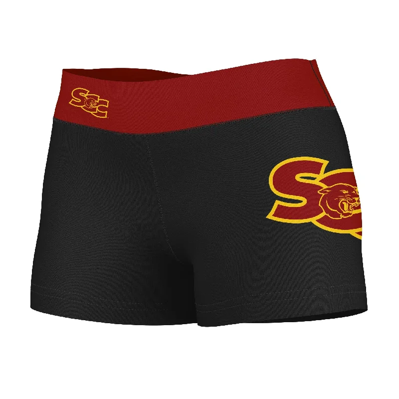 SAC City Panthers Logo on Thigh and Waistband Black & Maroon Womens Yoga Booty Workout Shorts by Vive La Fete