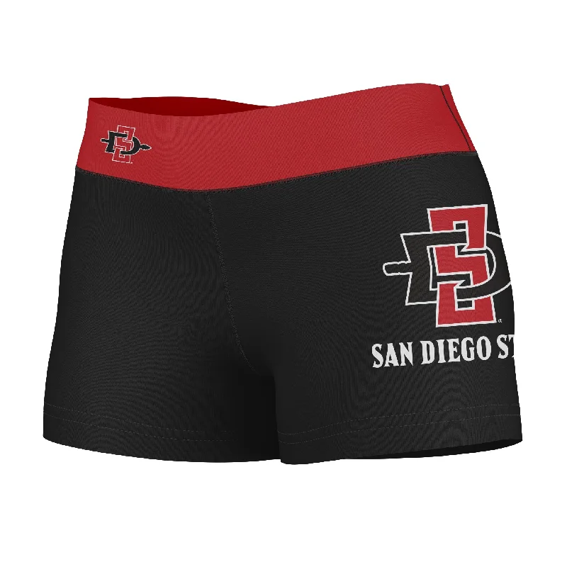 San Diego State Aztecs SDSU Logo on Thigh and Waistband Black and Red Womens Yoga Booty Workout Shorts by Vive La Fete